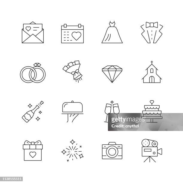 hochzeit verwandt-set von dünn-linie-vektor-ikonen - invitation icon stock-grafiken, -clipart, -cartoons und -symbole