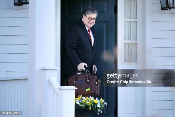 Attorney General William Barr leaves to his home March 25, 2019 in McLean, Virginia. Stopping short of exonerating President Donald Trump of...