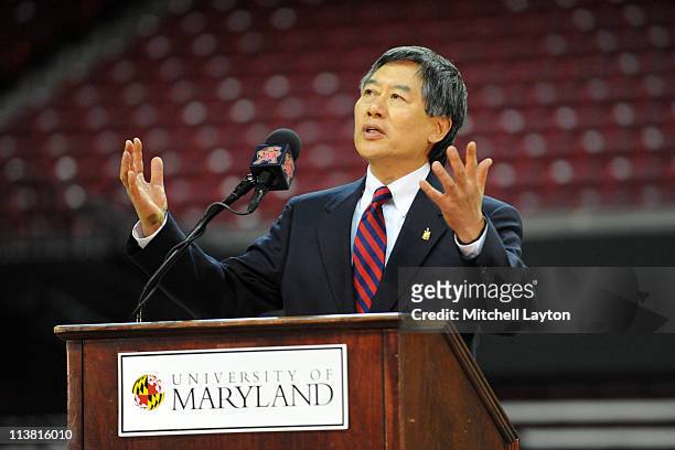 President of the University of Maryland Wallace D. Loh speaks speaks during announcement of the retirement of basketball coach Gary WIlliams on May...