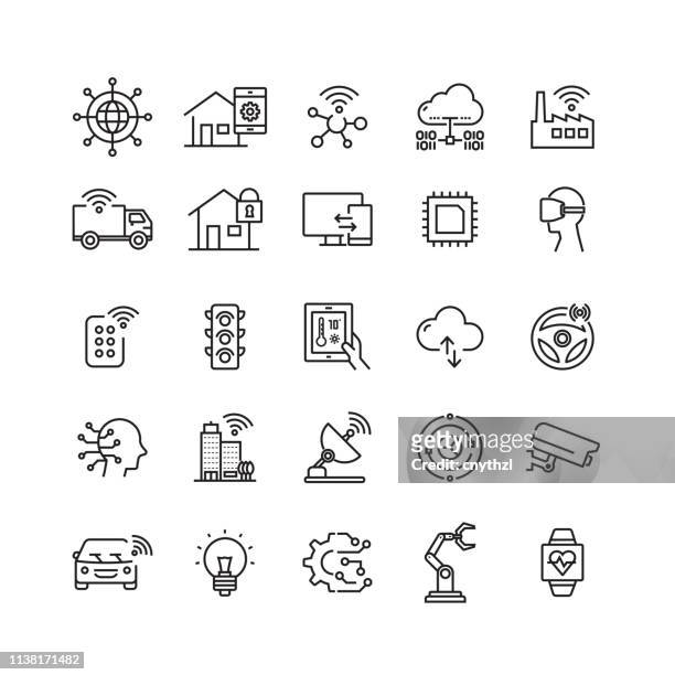 internet of things related vector line icons - manufacturing equipment stock illustrations