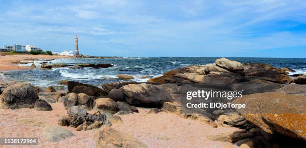 view of lighthouse in jose ignacio, near punta del este city, maldonado, uruguay - jose ignacio lighthouse fotografías e imágenes de stock