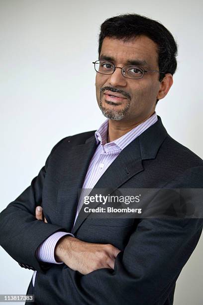 Manoj Narang, chief executive officer of Tradeworx Inc., stands for a photograph following a Bloomberg via Getty Images Television interview in New...