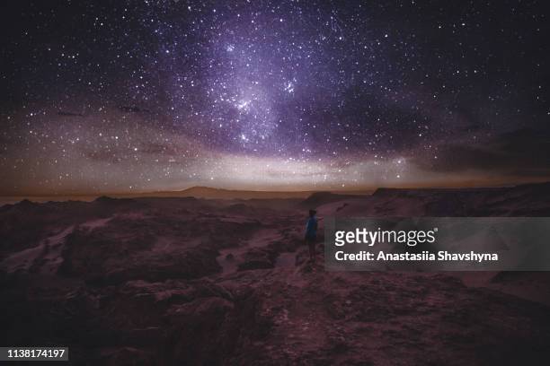 frau schaut sternenhimmel bei canyon in atacama wüste an - desert night stock-fotos und bilder