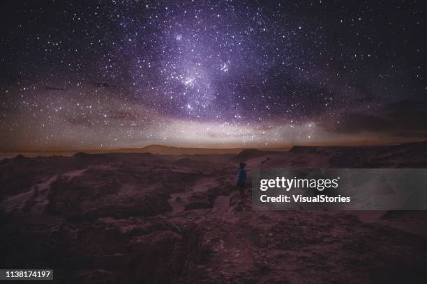 donna che guarda il cielo stellato al canyon nel deserto di atacama - astronomia foto e immagini stock
