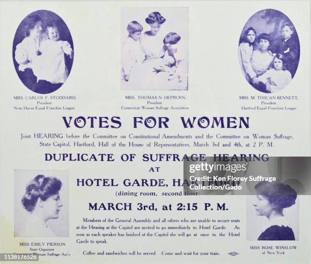 Cardboard poster announcing a meeting of the Connecticut Woman Suffrage Association, with portraits of local suffrage leaders, including Ruza...