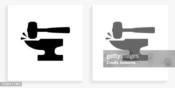 blacksmith anvil & lump hammer black and white square icon - anvil stock illustrations