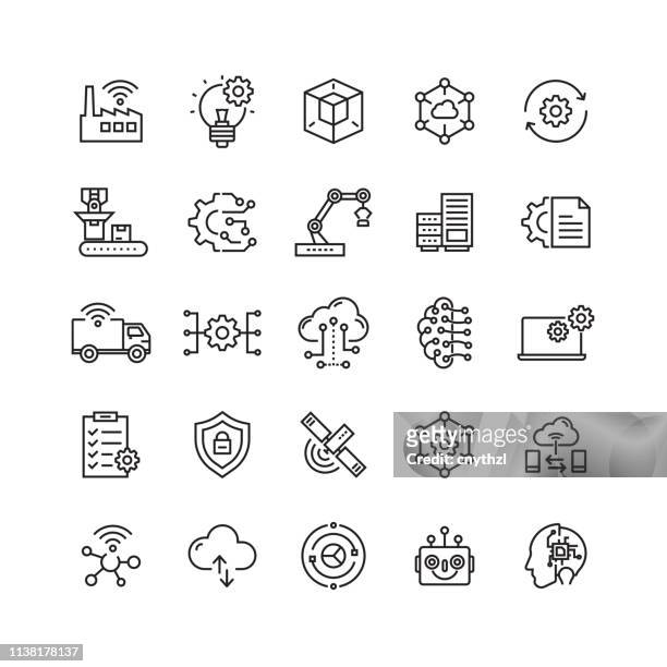 industry 4.0 related vector line icons - développement stock illustrations