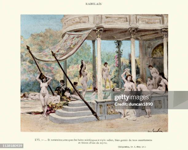 rabelais's gargantua, swimming with the wonderful baths - women swimming pool retro stock illustrations