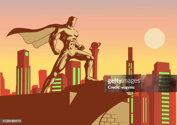 都市の背景を持つ屋上にベクトルレトロスタイルのスーパーヒーロー - 背が高い点のイラスト素材／クリップアート素材／マンガ素材／アイコン素材