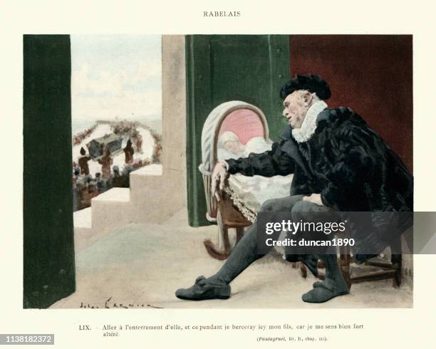 rabelais's gargantua and pantagruel. the grief of gargantua - widower stock illustrations