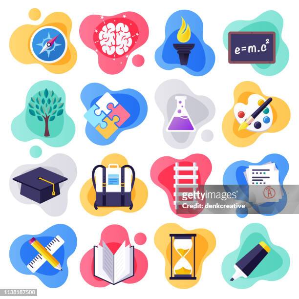 zurück zu school & learning skills flat liquid style vector icon set - kreativität stock-grafiken, -clipart, -cartoons und -symbole