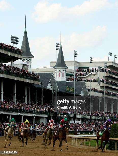 Jockey Martin Garcia, riding Plum Pretty pulls up after their win in the 137th Kentucky Oaks at Churchill Downs on May 6, 2011 in Louisville,...