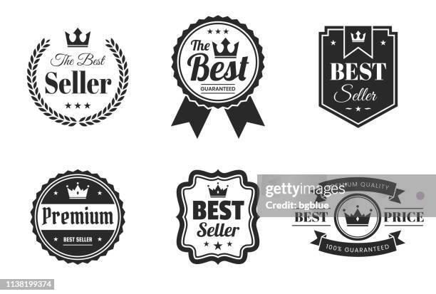 illustrazioni stock, clip art, cartoni animati e icone di tendenza di set di "migliori" badge ed etichette nere - elementi di design - vestito a stelle