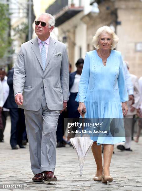 Prince Charles Prince of Wales and Camilla, Duchess of Cornwall during a guided tour of Old Havana on March 25, 2019 in Havana, Cuba. Their Royal...