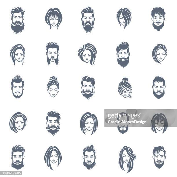 ilustraciones, imágenes clip art, dibujos animados e iconos de stock de hombres y mujeres peinado icono conjunto - con barba y gafas