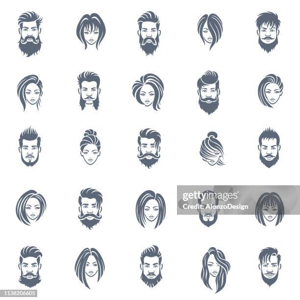 ilustrações de stock, clip art, desenhos animados e ícones de men and women hairstyle icon set - estilo de cabelo