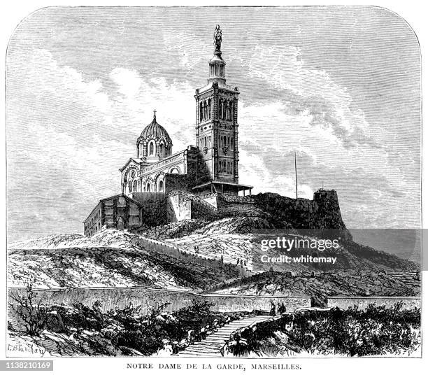 illustrations, cliparts, dessins animés et icônes de basilique catholique notre-dame de la garde, marseille, france - notre-dame