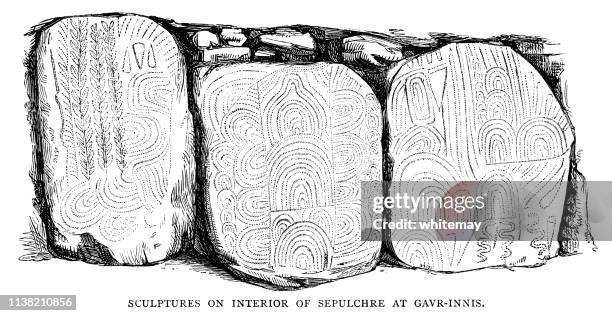 decorated slabs in the gavrinis passage tomb, france - stone age stock illustrations