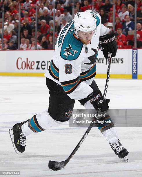 Joe Pavelski of the San Jose Sharks takes a shot in Game Four of the Western Conference Semifinals in the 2011 NHL Stanley Cup Playoffs against the...