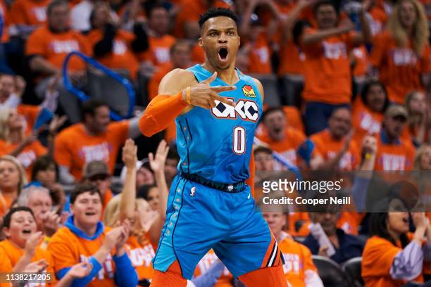 Russell Westbrook of the Oklahoma City Thunder reacts after a made basket against the Portland Trail Blazers during the second half of game three of...