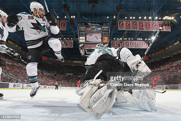 Antti Niemi of the San Jose Sharks makes a save while Dan Boyle defends in Game Four of the Western Conference Semifinals in the 2011 NHL Stanley Cup...