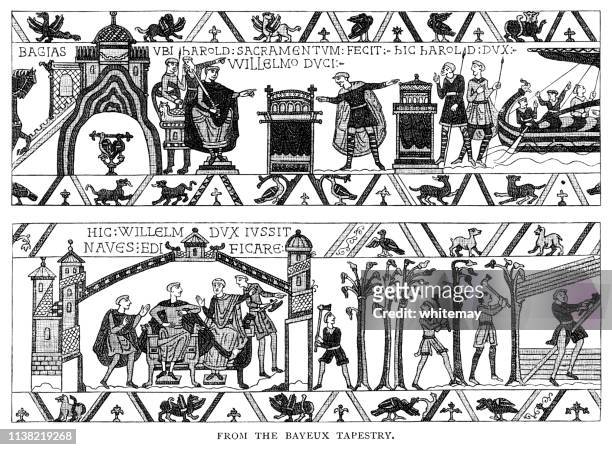 stockillustraties, clipart, cartoons en iconen met scènes uit het tapijt van bayeux-victoriaanse gravure - france costume