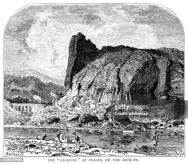 the basaltes at prades on the ardèche, france - basalt stock illustrations