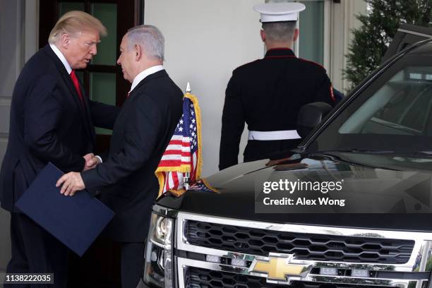 President Donald Trump bids farewell to Prime Minister of Israel Benjamin Netanyahu after their meeting outside the West Wing of the White House...