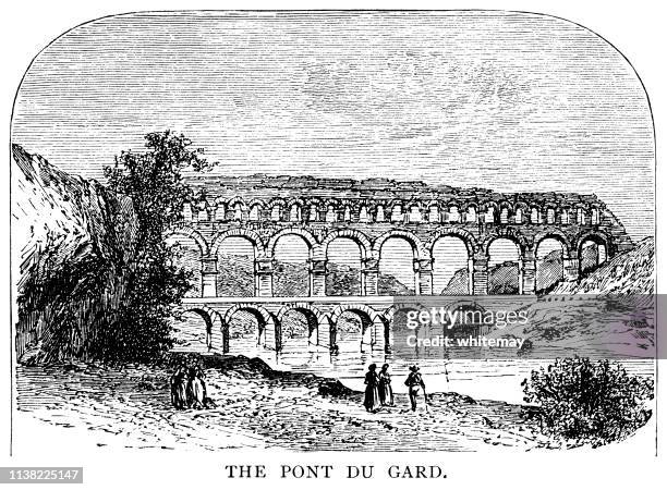 the pont du gard, an ancient roman aqueduct in southern france - pont du gard aqueduct stock illustrations