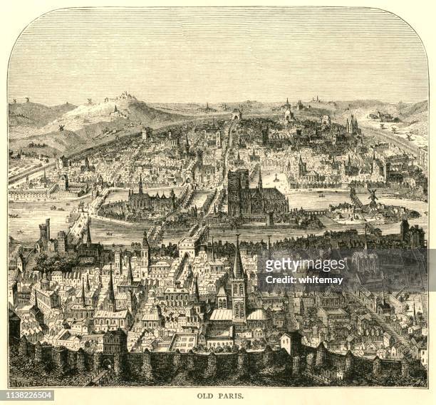 view over old paris, france - spire stock illustrations