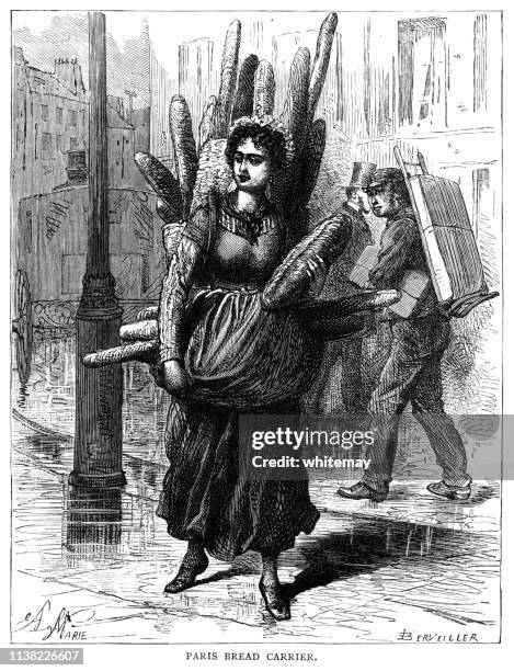 stockillustraties, clipart, cartoons en iconen met vrouw die broden in een straat in parijs, frankrijk draagt - stokbrood