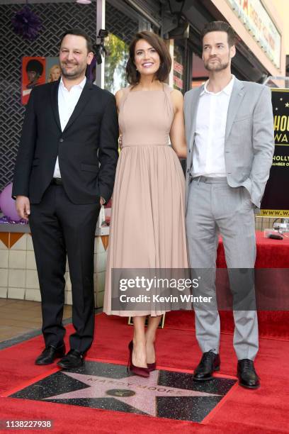 Dan Fogelman, Mandy Moore, and Shane West attend a ceremony honoring Mandy Moore with a star on the Hollywood Walk Of Fame on March 25, 2019 in...