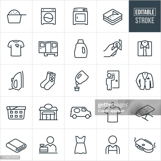ilustraciones, imágenes clip art, dibujos animados e iconos de stock de lavandería automática iconos de línea delgada-trazo editable - lavadora