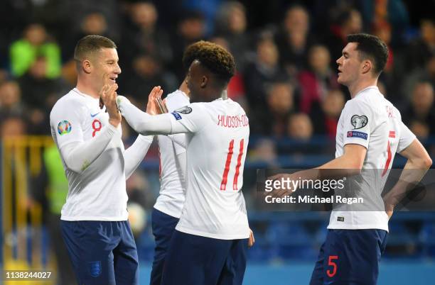 Ross Barkley of England celebrates with Callum Hudson-Odoi after scoring his team's second goal during the 2020 UEFA European Championships Group A...