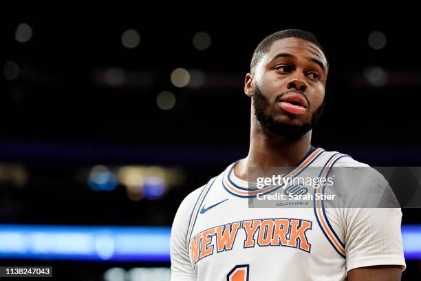 Emmanuel Mudiay of the New York Knicks looks on during the second half of the game against the Denver Nuggets at Madison Square Garden on March 22,...