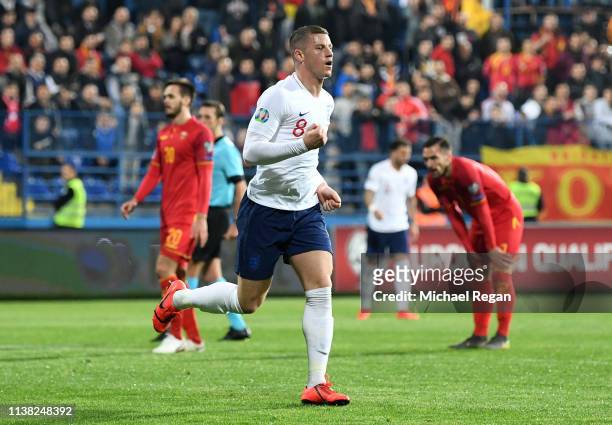 Ross Barkley of England celebrates after scoring his team's third goal during the 2020 UEFA European Championships Group A qualifying match between...