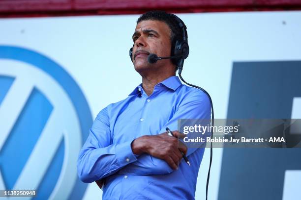 Chris Kamara during the Sky Bet League One match between Barnsley and Shrewsbury Town at Oakwell Stadium on April 19, 2019 in Barnsley, United...