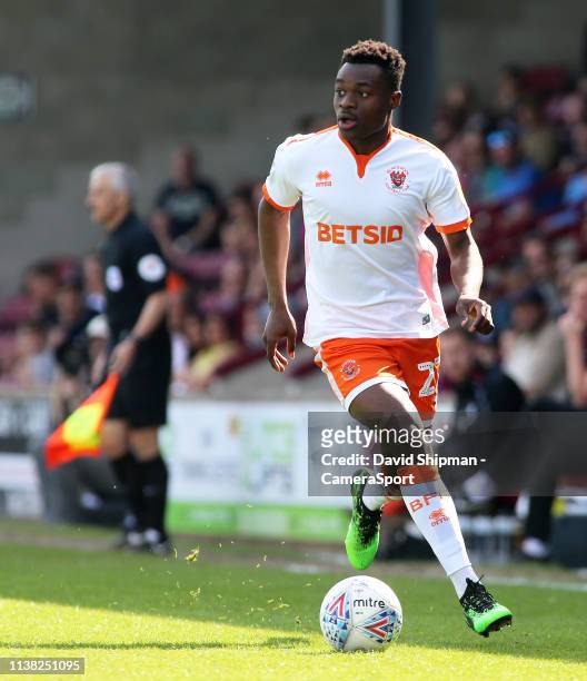 Blackpool's Marc Bola in action during the Sky Bet League One match between Scunthorpe United and Blackpool at Glanford Park on April 19, 2019 in...