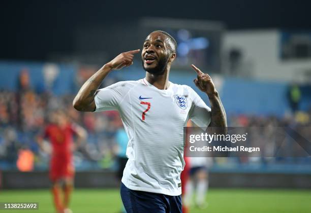 Raheem Sterling of England celebrates after scoring his team's fifth goal during the 2020 UEFA European Championships Group A qualifying match...