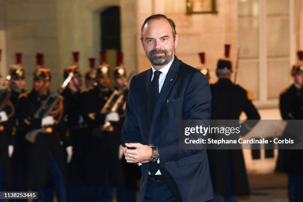 French Prime minister Edouard Philippe arrives at a state dinner with French President Emmanuel Macron and Chinese President Xi Jinping at the Elysee...