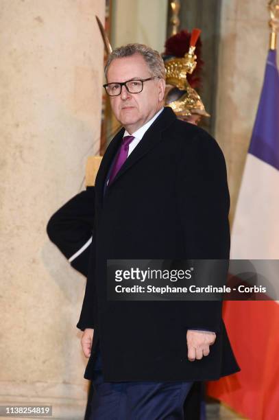 President of French Assembly Richard Ferrand arrives at a state dinner with French President Emmanuel Macron and Chinese President Xi Jinping at the...