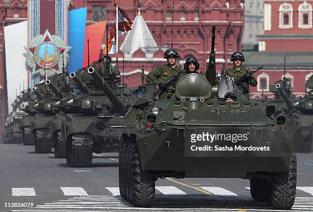 Russian APC and tanks manoeuvre during May Day parade rehearsals in front of St.Basil's cathedral at Red Square, May 7, 2011 in Moscow, Russia....