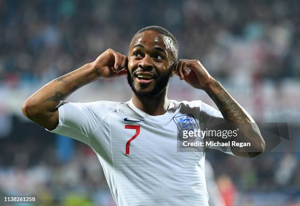 Raheem Sterling of England celebrates after scoring his team's fifth goal during the 2020 UEFA European Championships Group A qualifying match...