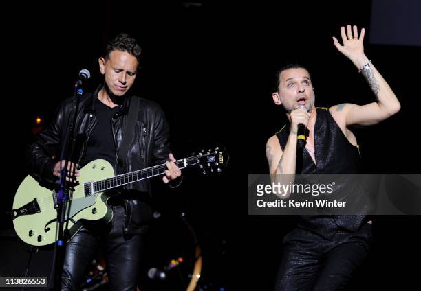 Musician Martin Gore and singer Dave Gahan of Depeche Mode perform at the 7th Annual MusiCares MAP Fund Benefit at Club Nokia on May 6, 2011 in Los...