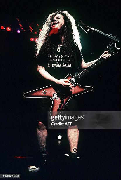 This April, 1994 photo shows guitarist Darrell "Dimebag" Abbott of the US heavy metal band Pantera in concert at Kosei Nenkin Hall in Tokyo, Japan....