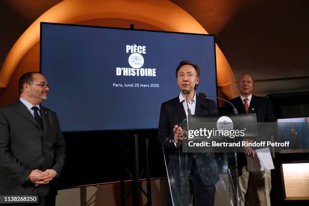 Of "Monnaie de Paris" Marc Schwartz, Stephane Bern and Président of the "Fondation du Patrimoine", Guillaume Poitrinal attend the "Piece d'Histoire":...