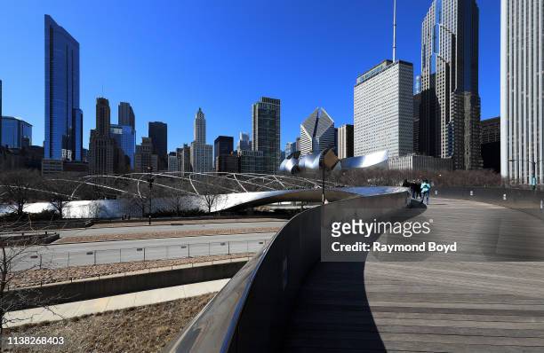 Downtown Chicago buildings, photographed from architect Frank Gehry's BP Pedestrian Bridge over Columbus Drive in Chicago, Illinois on March 23,...