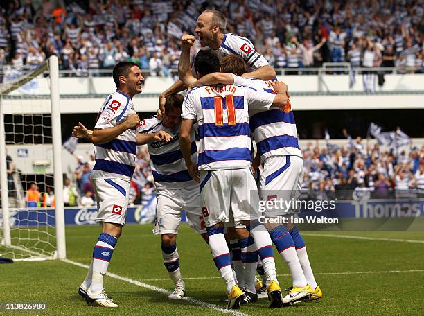 Heidar Helguson of QPR celebrates after scoring the first goal during the npower Championship match between Queens Park Rangers and Leeds United at...