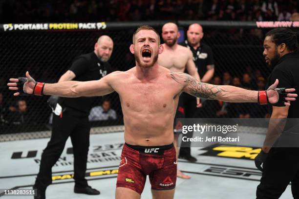 Krzysztof Jotko of Poland reacts after the conclusion of his middleweight bout against Alen Amedovski of Macedonia during the UFC Fight Night event...