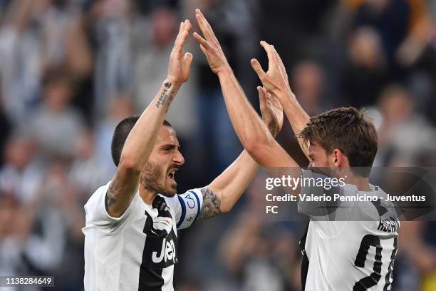 Leonardo Bonucci and Daniele Rugani of Juventus celebrate the winning of the Italian championship 2018-2019 after the Serie A match between Juventus...